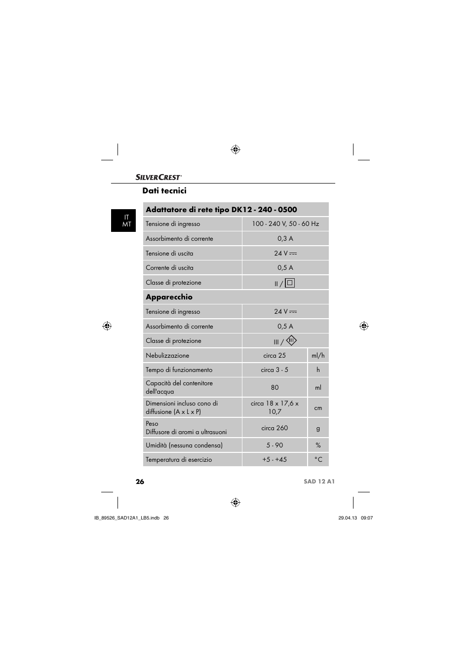 Dati tecnici, Apparecchio | Silvercrest SAD 12 A1 User Manual | Page 29 / 74