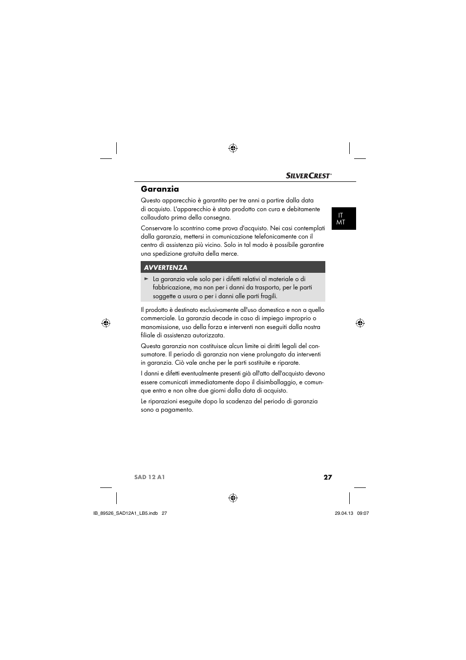 Garanzia | Silvercrest SAD 12 A1 User Manual | Page 30 / 74