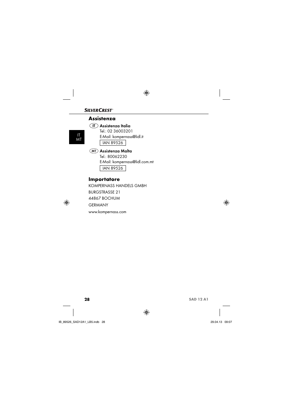 Assistenza, Importatore | Silvercrest SAD 12 A1 User Manual | Page 31 / 74