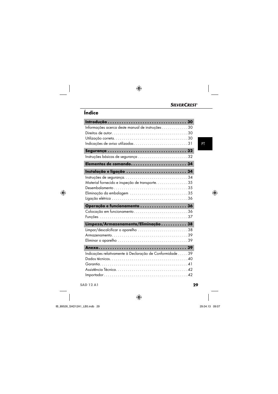 Índice | Silvercrest SAD 12 A1 User Manual | Page 32 / 74