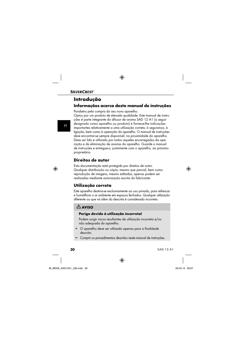 Introdução, Informações acerca deste manual de instruções, Direitos de autor | Utilização correta | Silvercrest SAD 12 A1 User Manual | Page 33 / 74