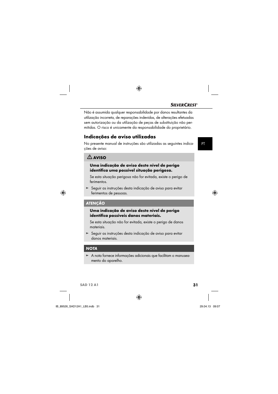 Indicações de aviso utilizadas | Silvercrest SAD 12 A1 User Manual | Page 34 / 74