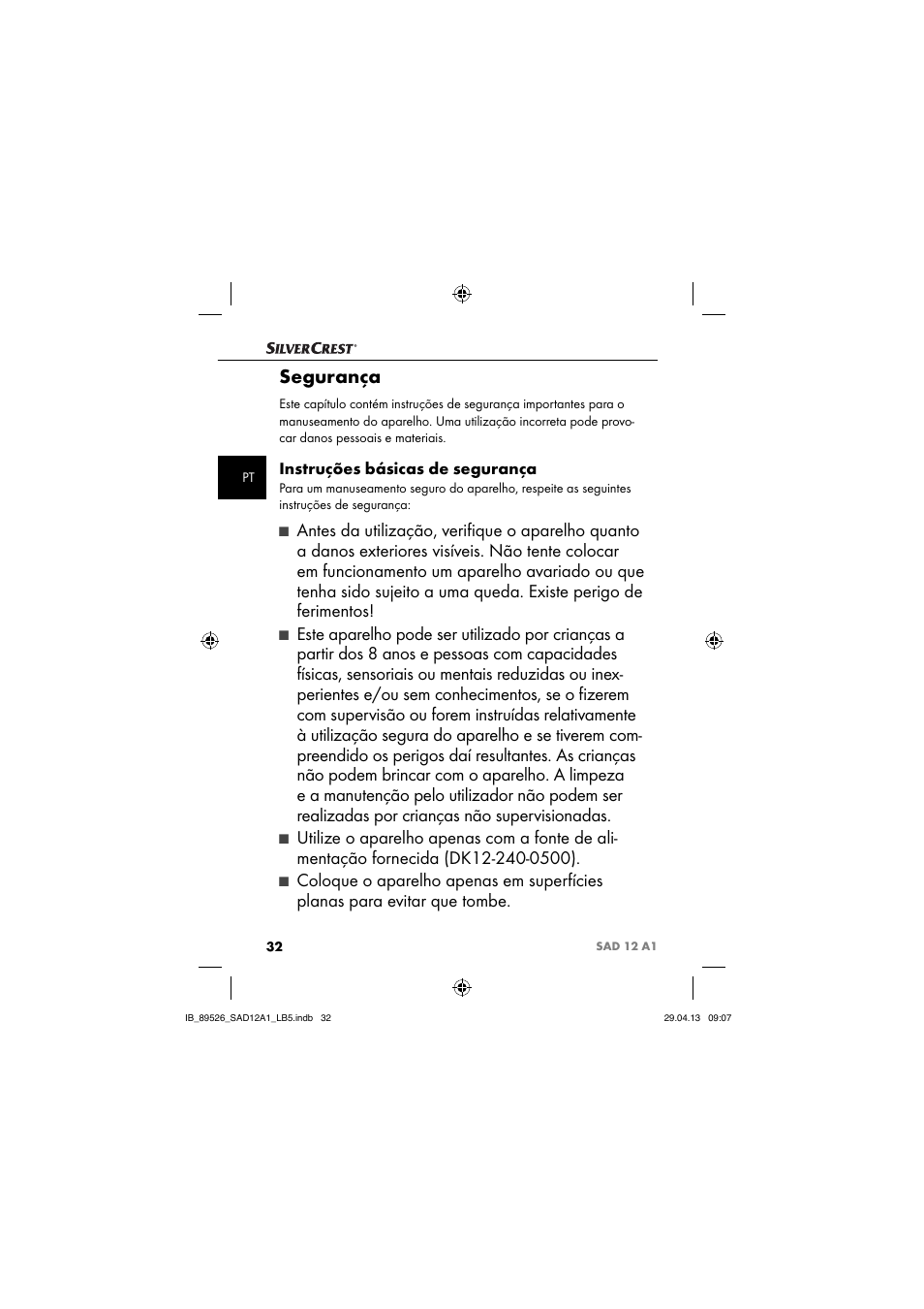 Segurança, Instruções básicas de segurança | Silvercrest SAD 12 A1 User Manual | Page 35 / 74