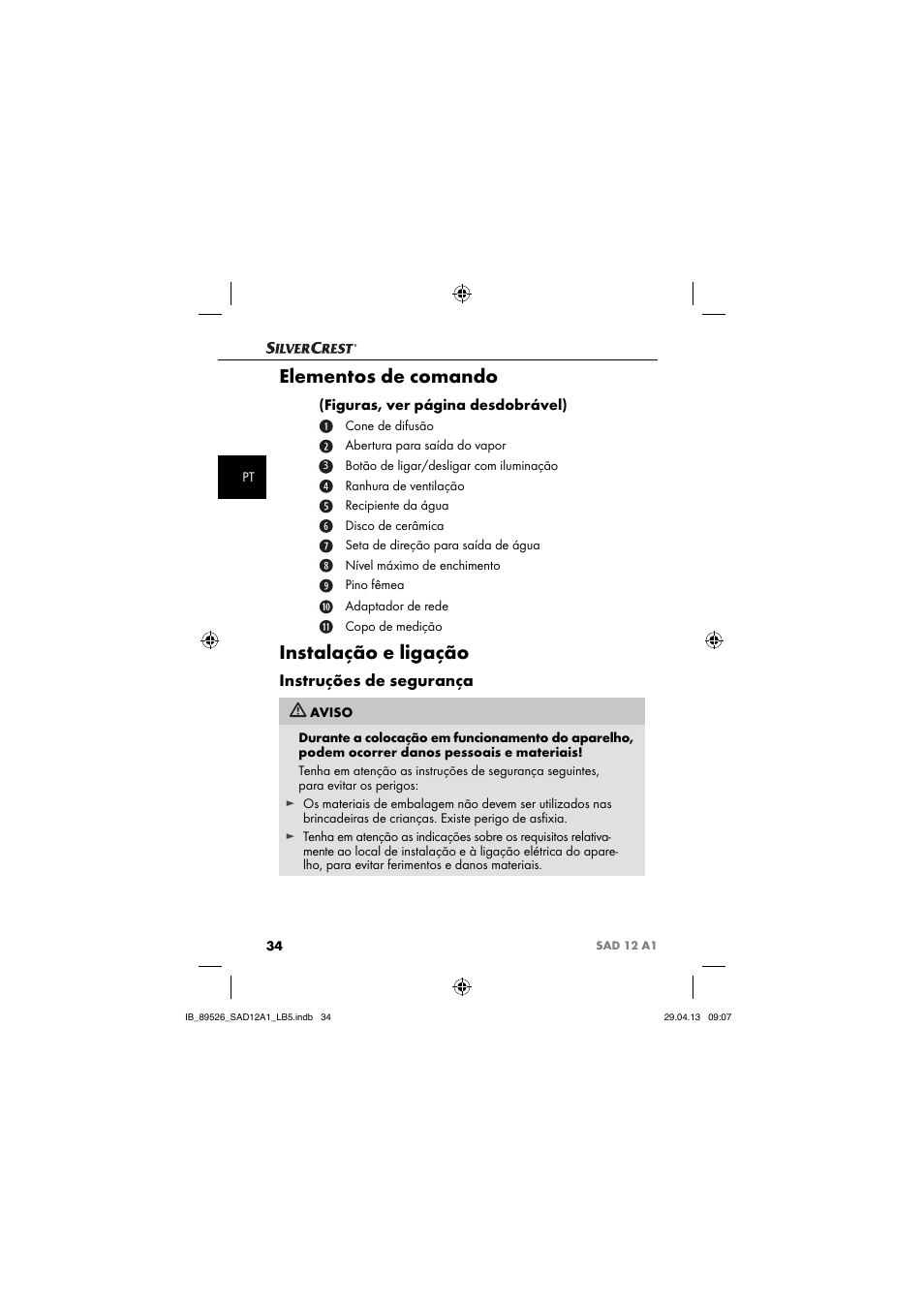 Elementos de comando, Instalação e ligação, Instruções de segurança | Silvercrest SAD 12 A1 User Manual | Page 37 / 74