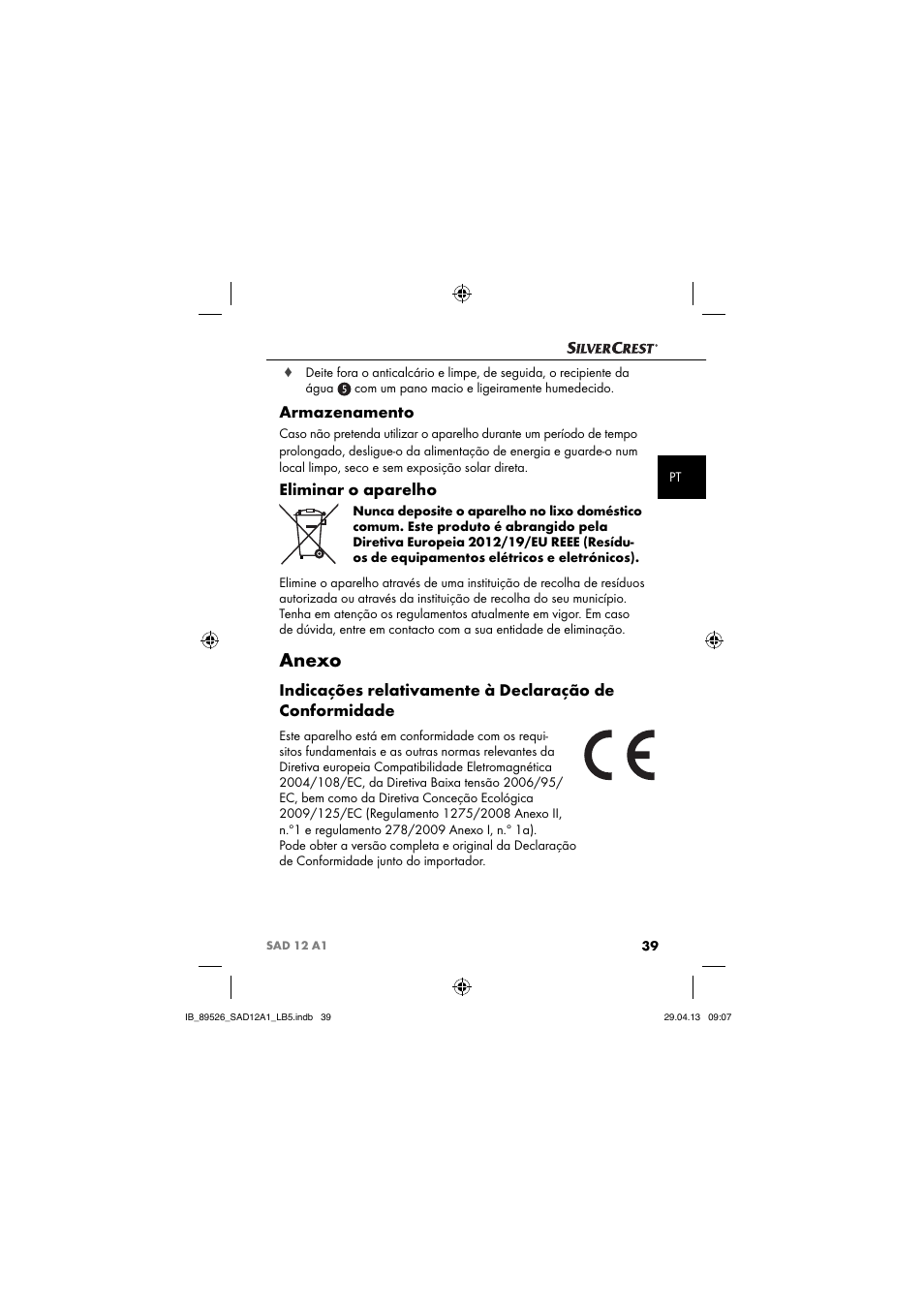 Anexo, Armazenamento, Eliminar o aparelho | Silvercrest SAD 12 A1 User Manual | Page 42 / 74