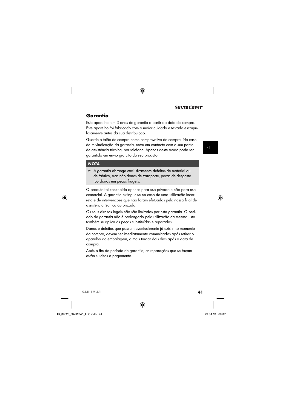 Garantia | Silvercrest SAD 12 A1 User Manual | Page 44 / 74