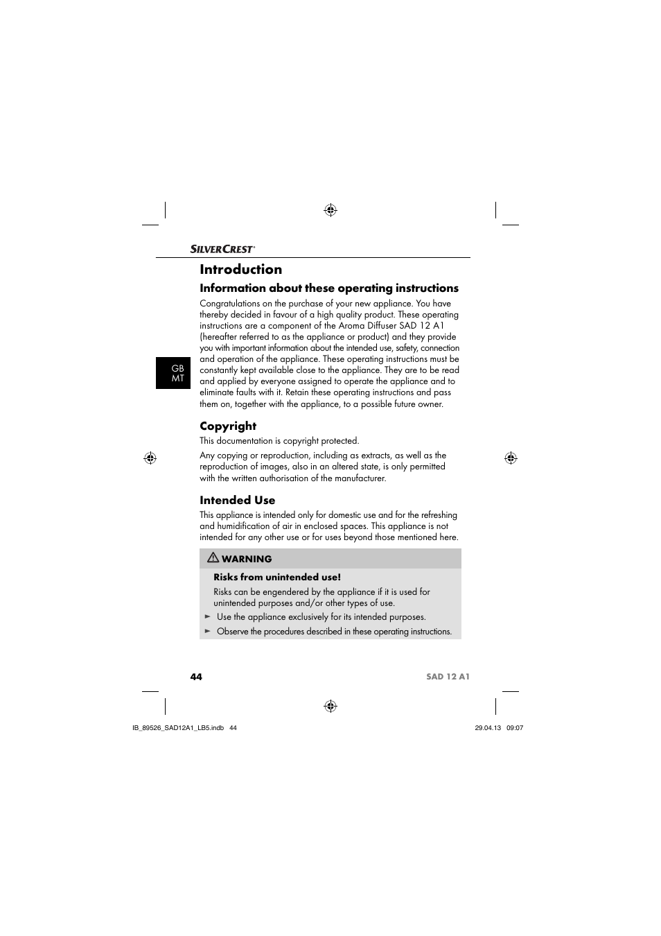 Introduction, Information about these operating instructions, Copyright | Intended use | Silvercrest SAD 12 A1 User Manual | Page 47 / 74
