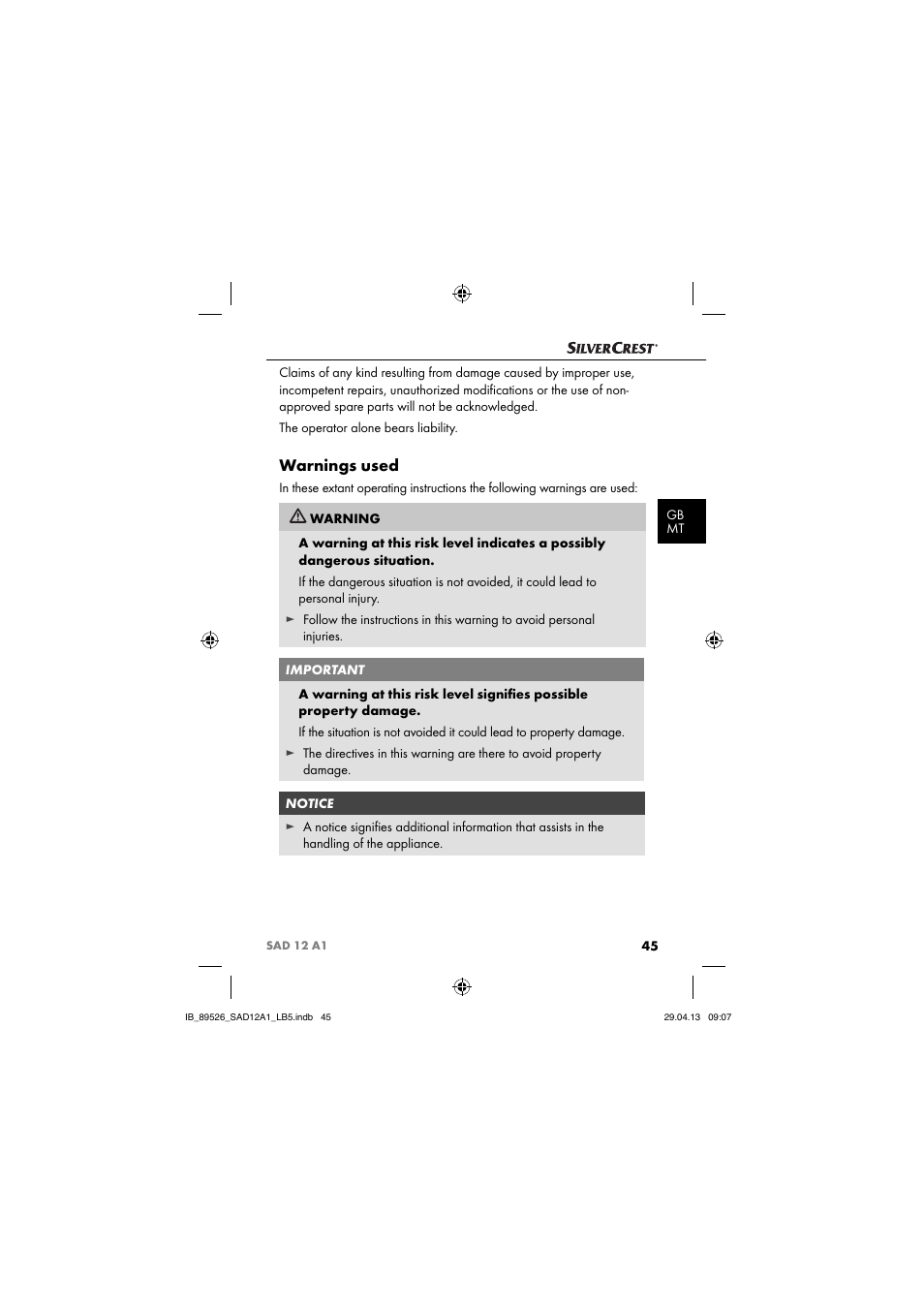 Warnings used | Silvercrest SAD 12 A1 User Manual | Page 48 / 74