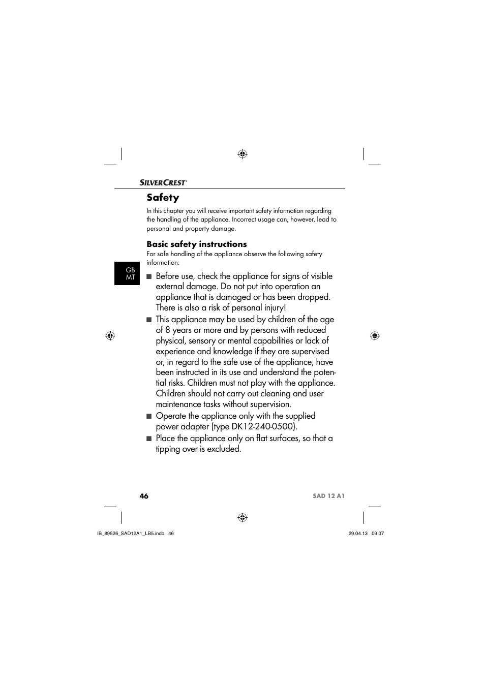 Safety, Basic safety instructions | Silvercrest SAD 12 A1 User Manual | Page 49 / 74