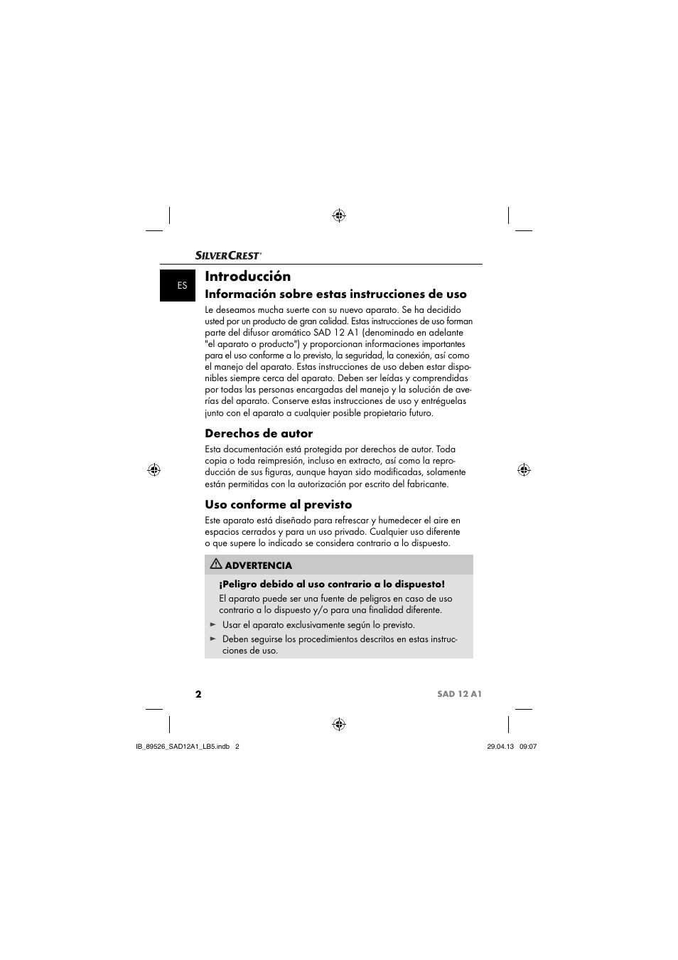 Introducción, Información sobre estas instrucciones de uso, Derechos de autor | Uso conforme al previsto | Silvercrest SAD 12 A1 User Manual | Page 5 / 74
