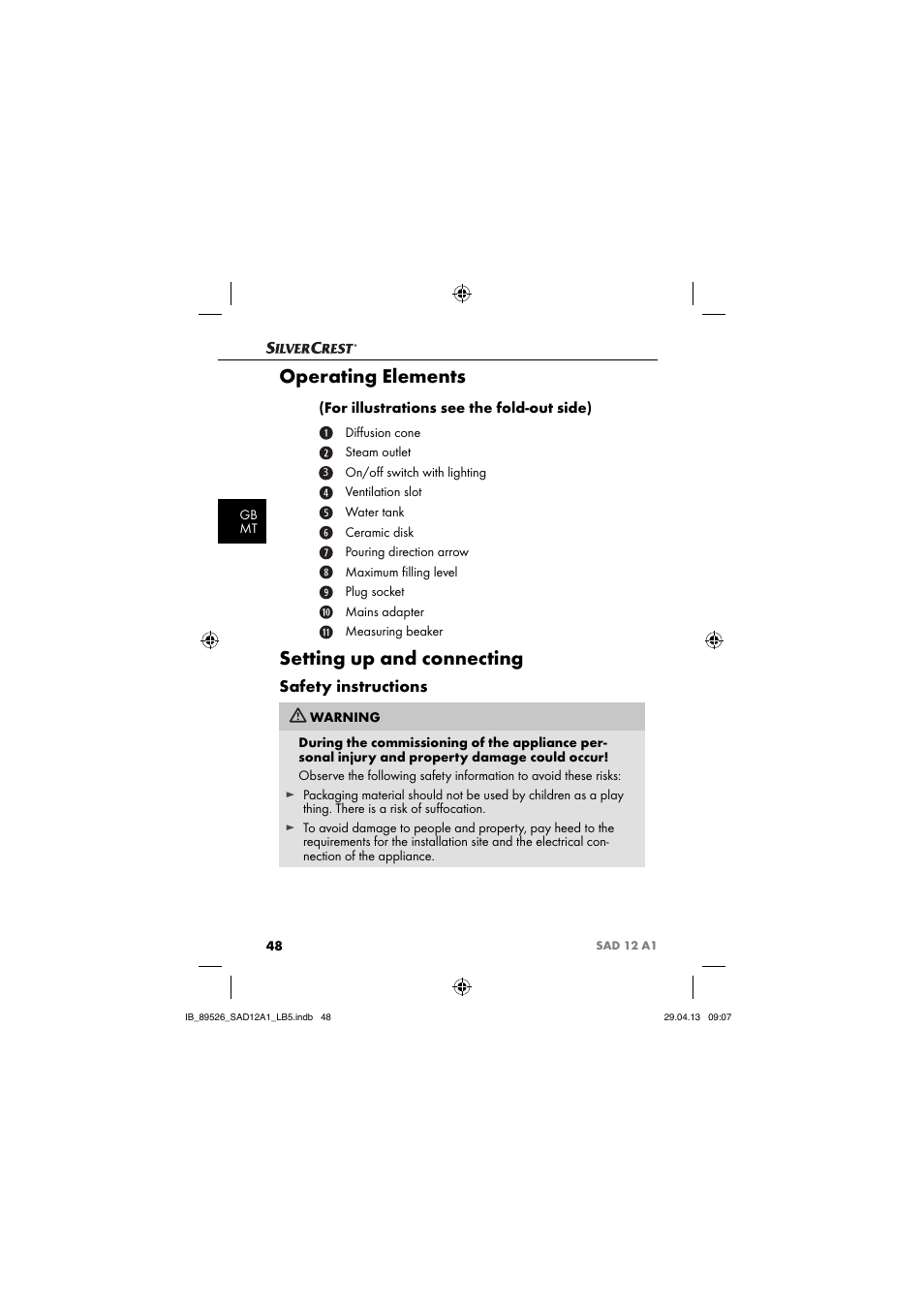 Operating elements, Setting up and connecting, Safety instructions | Silvercrest SAD 12 A1 User Manual | Page 51 / 74