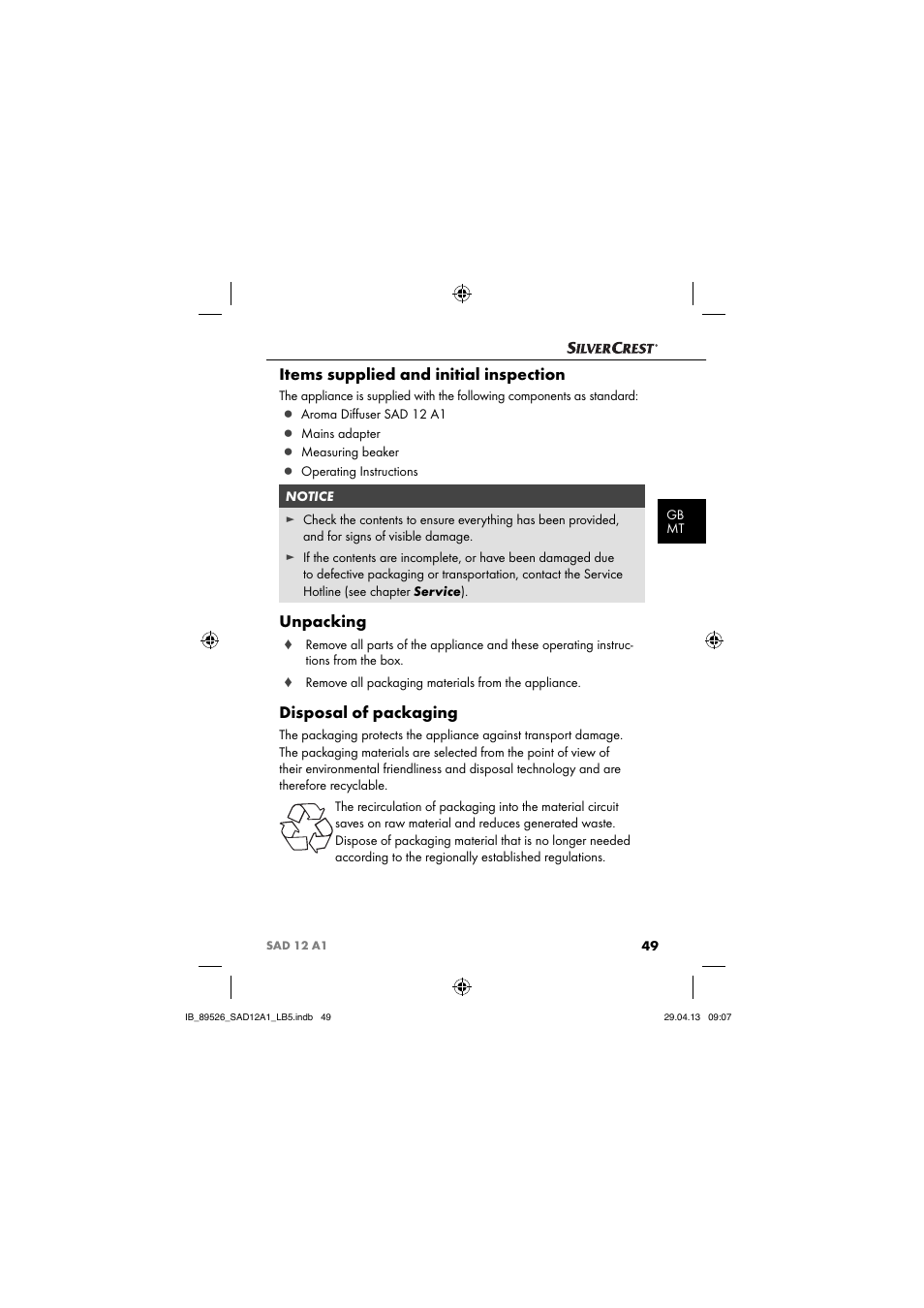 Items supplied and initial inspection, Unpacking, Disposal of packaging | Silvercrest SAD 12 A1 User Manual | Page 52 / 74