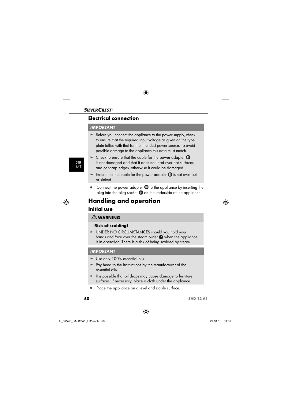 Handling and operation, Electrical connection, Initial use | Silvercrest SAD 12 A1 User Manual | Page 53 / 74
