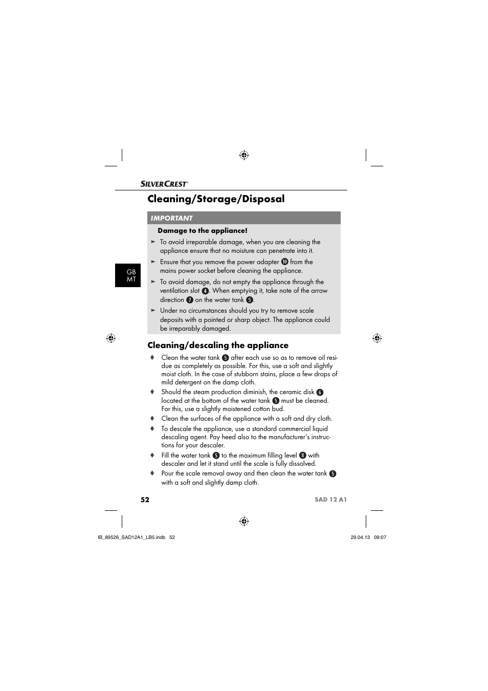 Cleaning/storage/disposal, Cleaning/descaling the appliance | Silvercrest SAD 12 A1 User Manual | Page 55 / 74