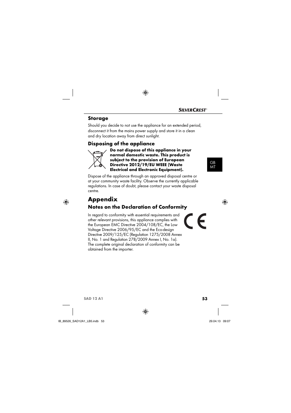 Appendix, Storage, Disposing of the appliance | Silvercrest SAD 12 A1 User Manual | Page 56 / 74