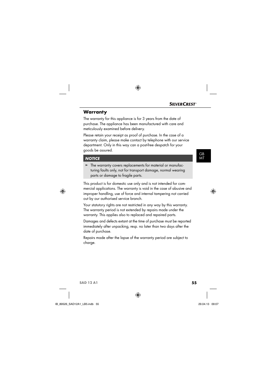 Warranty | Silvercrest SAD 12 A1 User Manual | Page 58 / 74