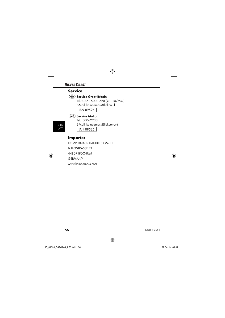 Service, Importer | Silvercrest SAD 12 A1 User Manual | Page 59 / 74