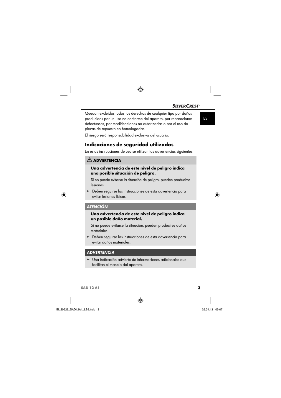 Indicaciones de seguridad utilizadas | Silvercrest SAD 12 A1 User Manual | Page 6 / 74