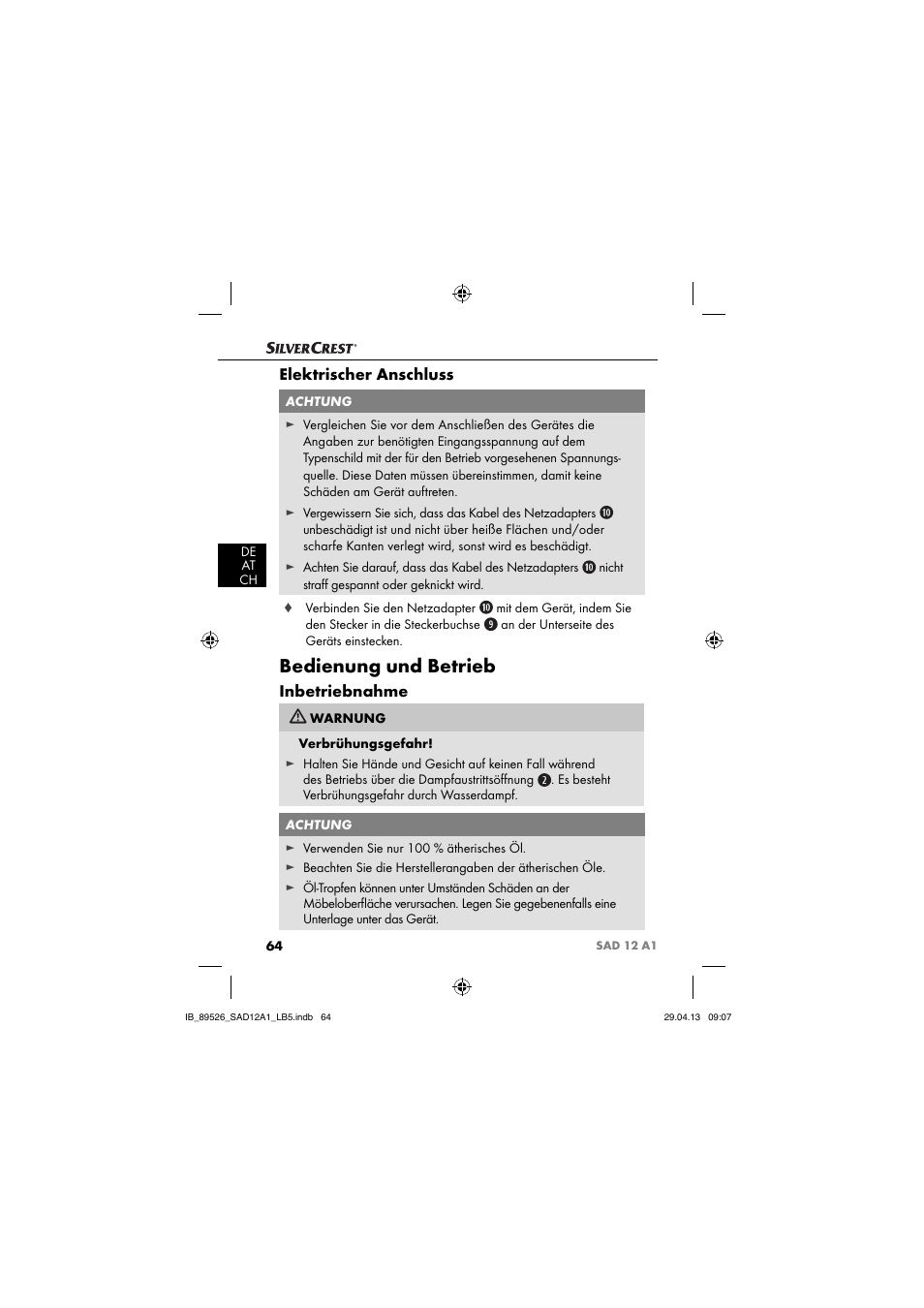 Bedienung und betrieb, Elektrischer anschluss, Inbetriebnahme | Silvercrest SAD 12 A1 User Manual | Page 67 / 74