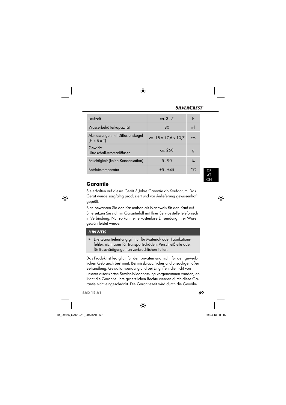 Garantie | Silvercrest SAD 12 A1 User Manual | Page 72 / 74