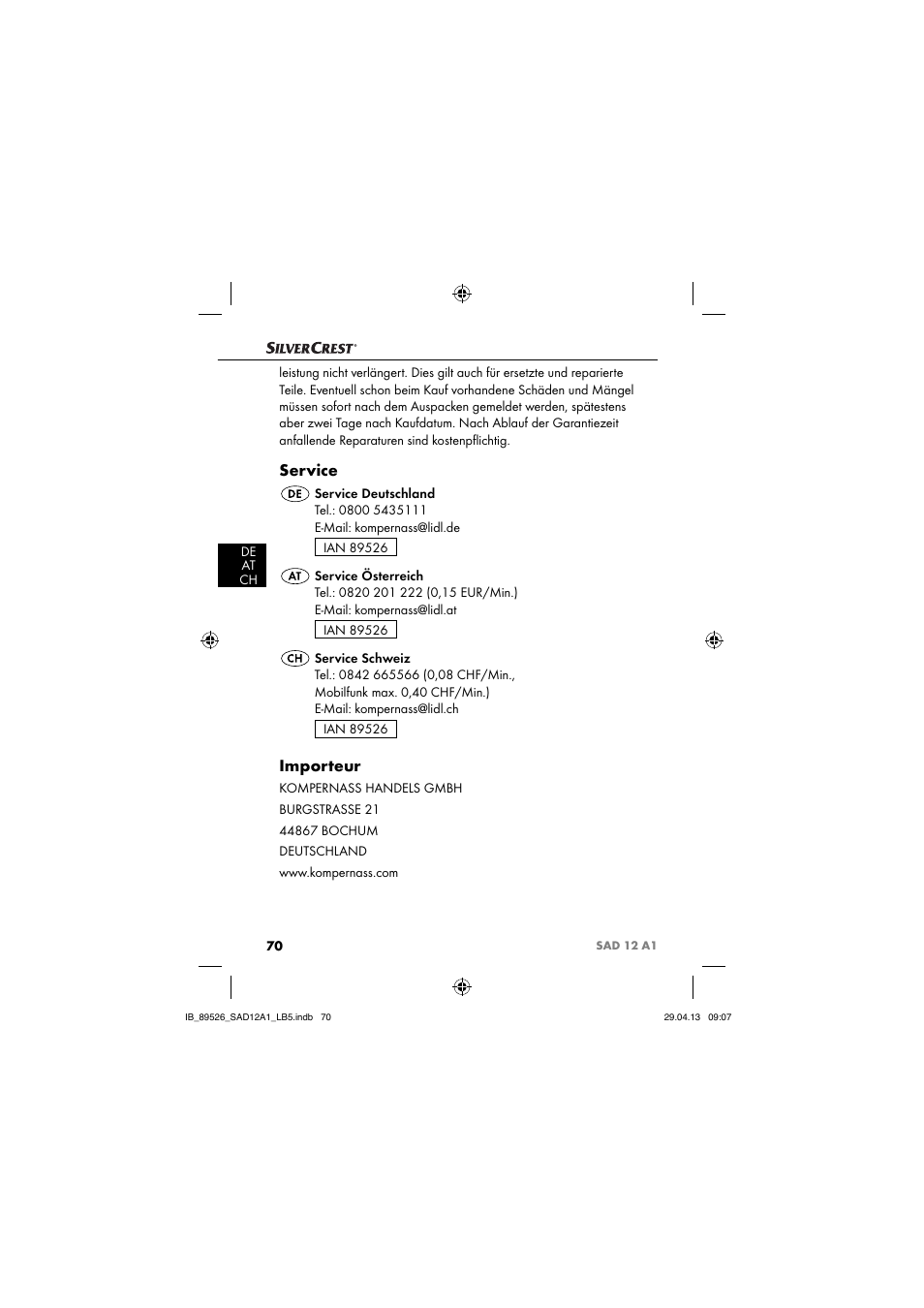 Service, Importeur | Silvercrest SAD 12 A1 User Manual | Page 73 / 74