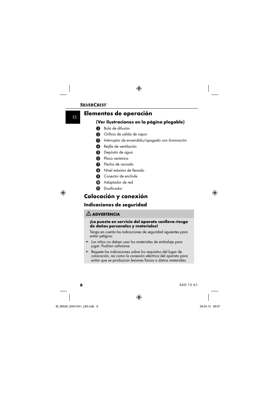 Elementos de operación, Colocación y conexión, Indicaciones de seguridad | Ver ilustraciones en la página plegable) | Silvercrest SAD 12 A1 User Manual | Page 9 / 74