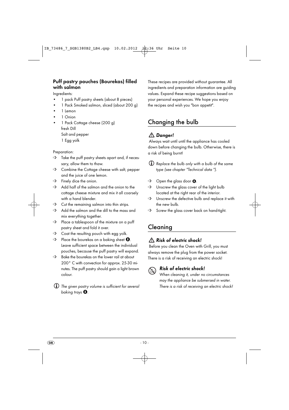 Changing the bulb, Cleaning, Puff pastry pouches (bourekas) filled with salmon | Danger, Risk of electric shock | Silvercrest SGB 1380 B2 User Manual | Page 12 / 63