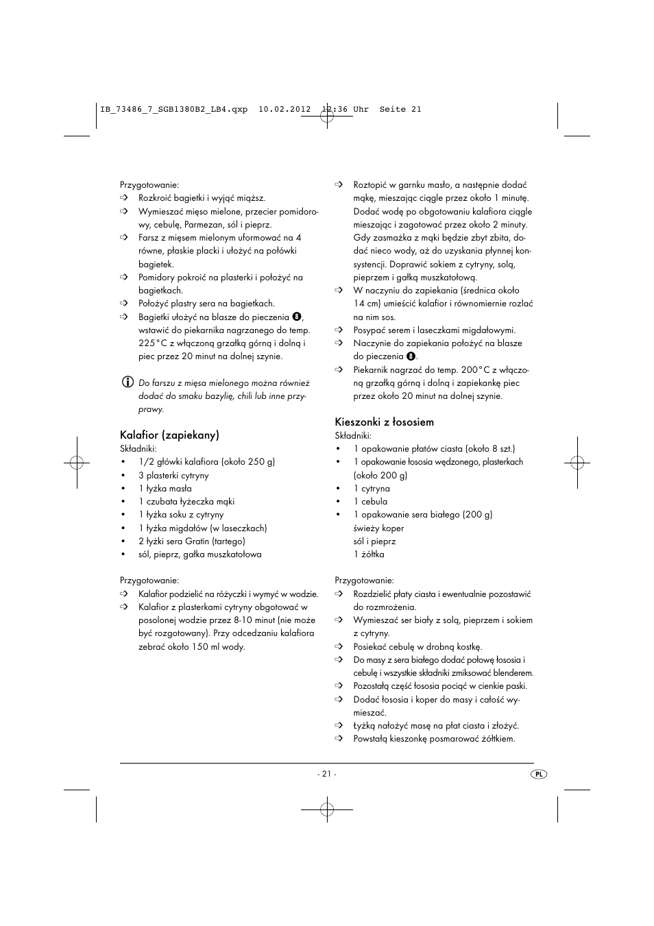 Kalafior (zapiekany), Kieszonki z łososiem | Silvercrest SGB 1380 B2 User Manual | Page 23 / 63
