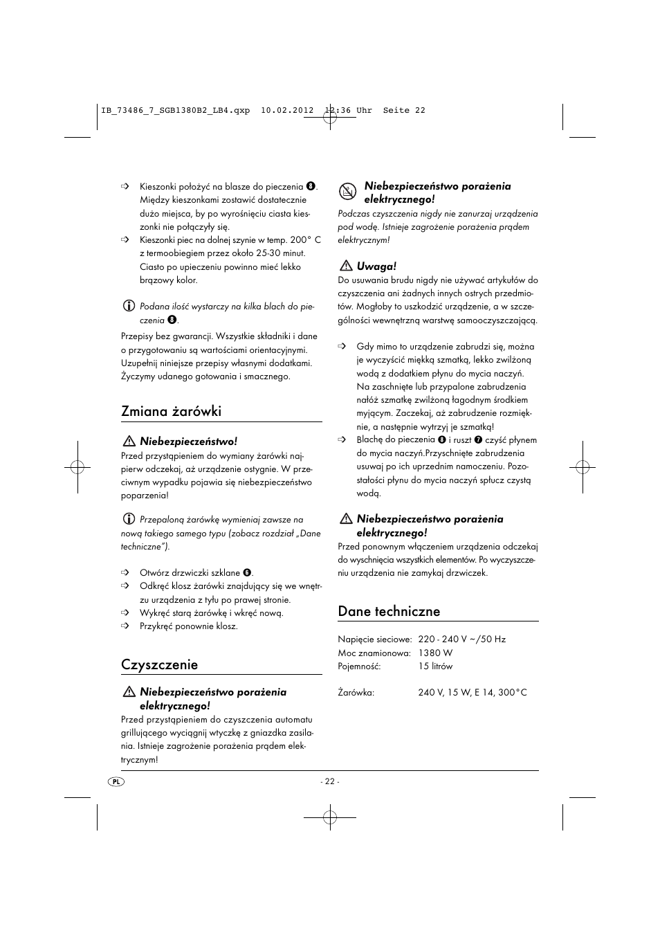 Zmiana żarówki, Czyszczenie, Dane techniczne | Niebezpieczeństwo, Niebezpieczeństwo porażenia elektrycznego, Uwaga | Silvercrest SGB 1380 B2 User Manual | Page 24 / 63