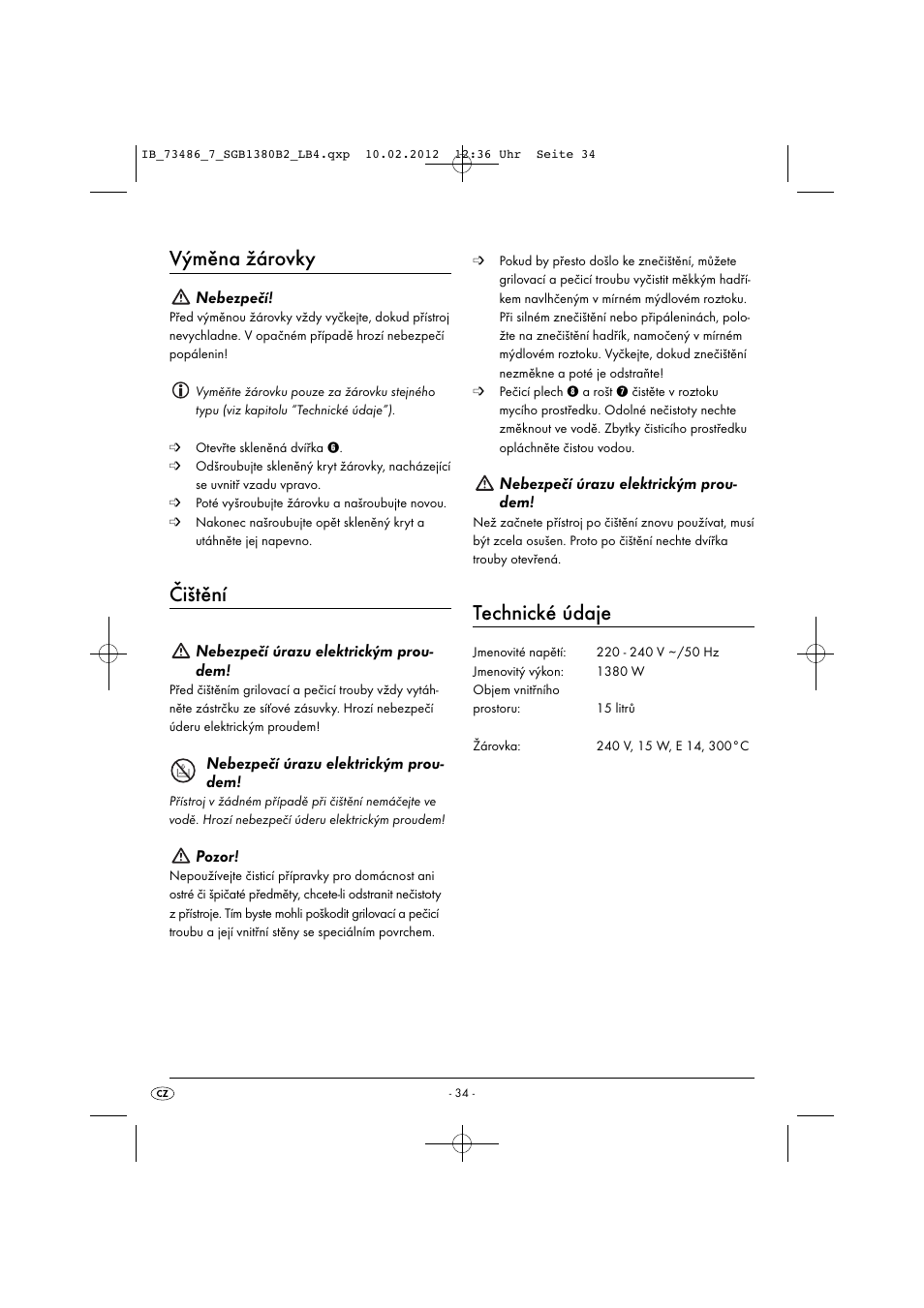 Výměna žárovky, Čištění, Technické údaje | Nebezpečí, Nebezpečí úrazu elektrickým prou- dem, Pozor | Silvercrest SGB 1380 B2 User Manual | Page 36 / 63