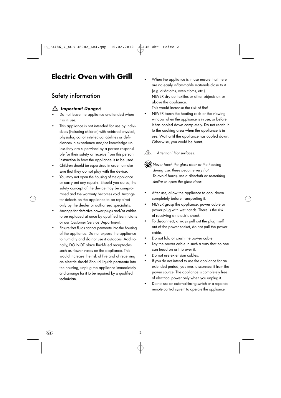 Electric oven with grill, Safety information, Important! danger | Silvercrest SGB 1380 B2 User Manual | Page 4 / 63