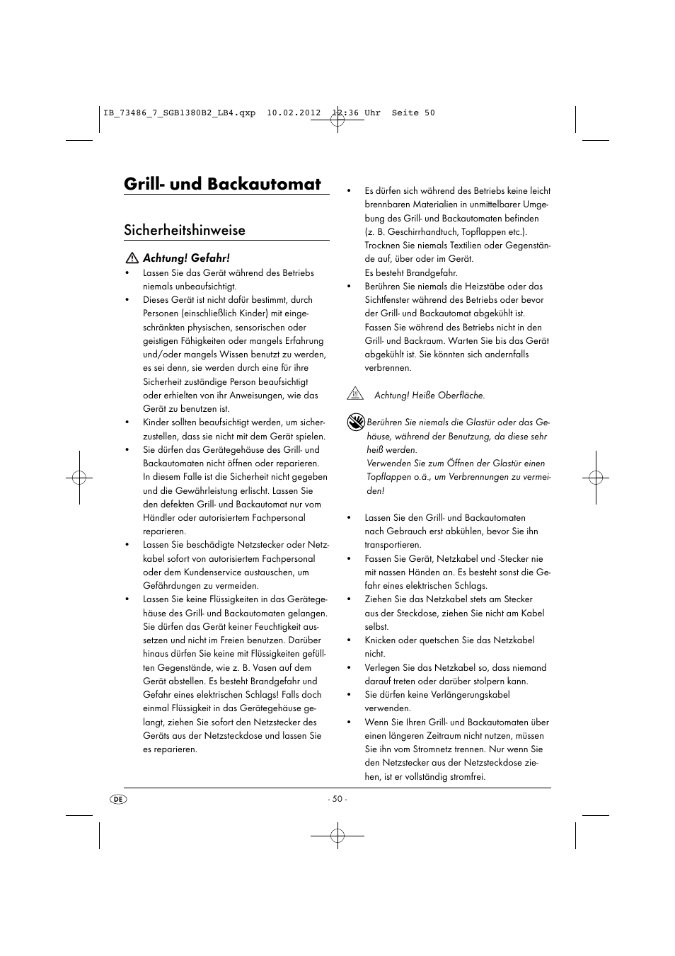 Grill- und backautomat, Sicherheitshinweise, Achtung! gefahr | Silvercrest SGB 1380 B2 User Manual | Page 52 / 63