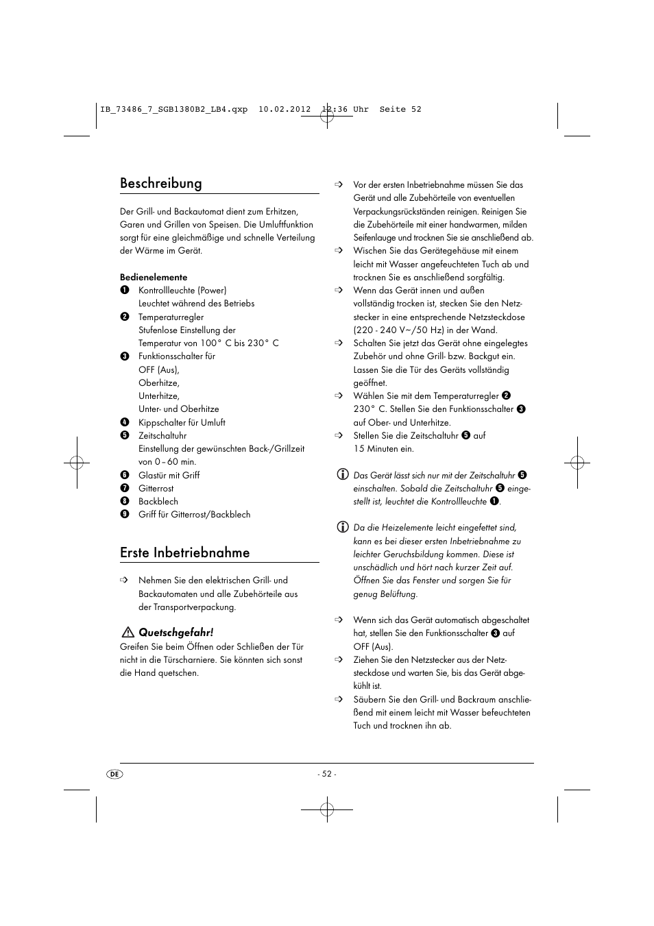 Beschreibung, Erste inbetriebnahme, Quetschgefahr | Silvercrest SGB 1380 B2 User Manual | Page 54 / 63