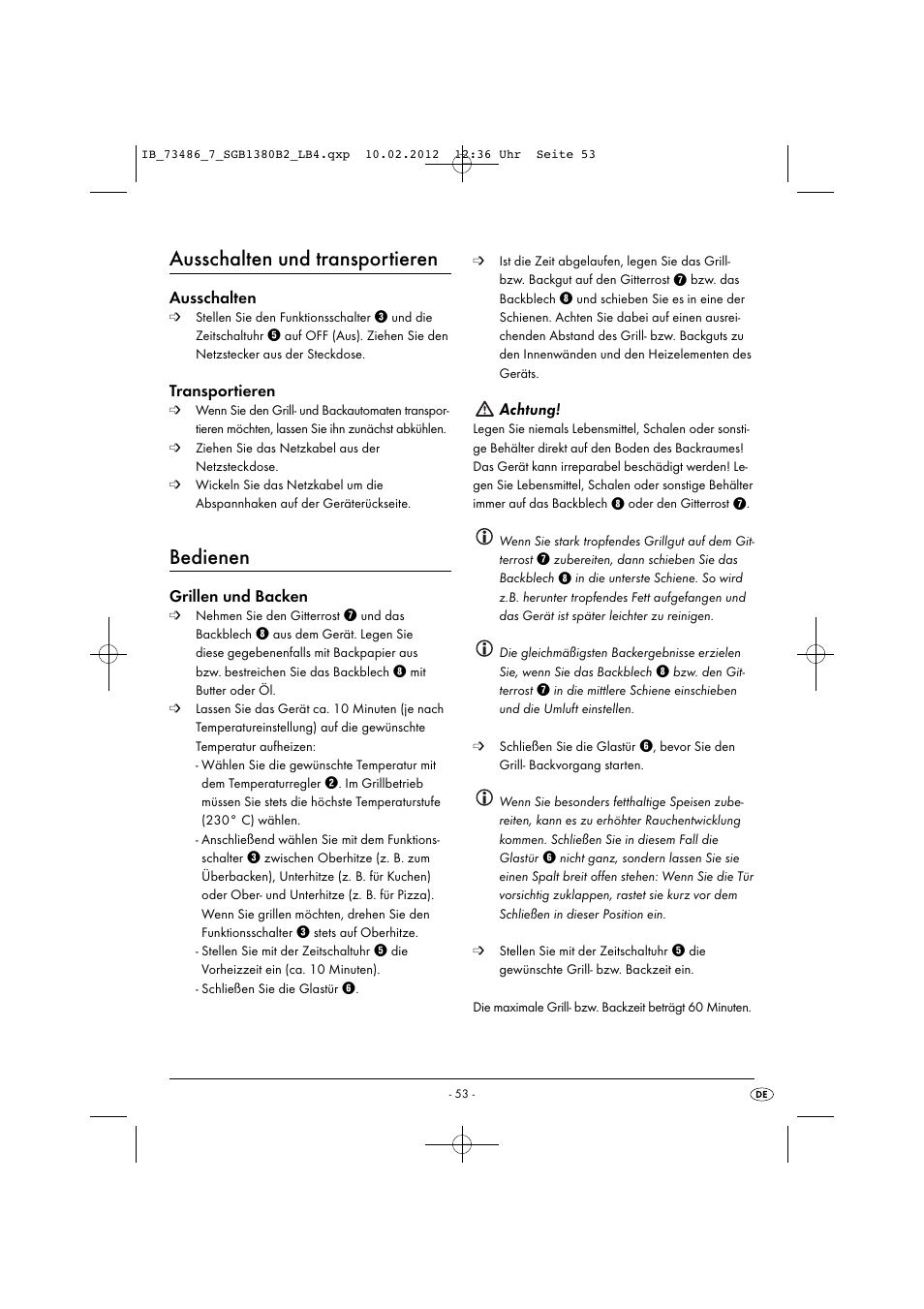 Ausschalten und transportieren, Bedienen, Ausschalten | Transportieren, Grillen und backen, Achtung | Silvercrest SGB 1380 B2 User Manual | Page 55 / 63