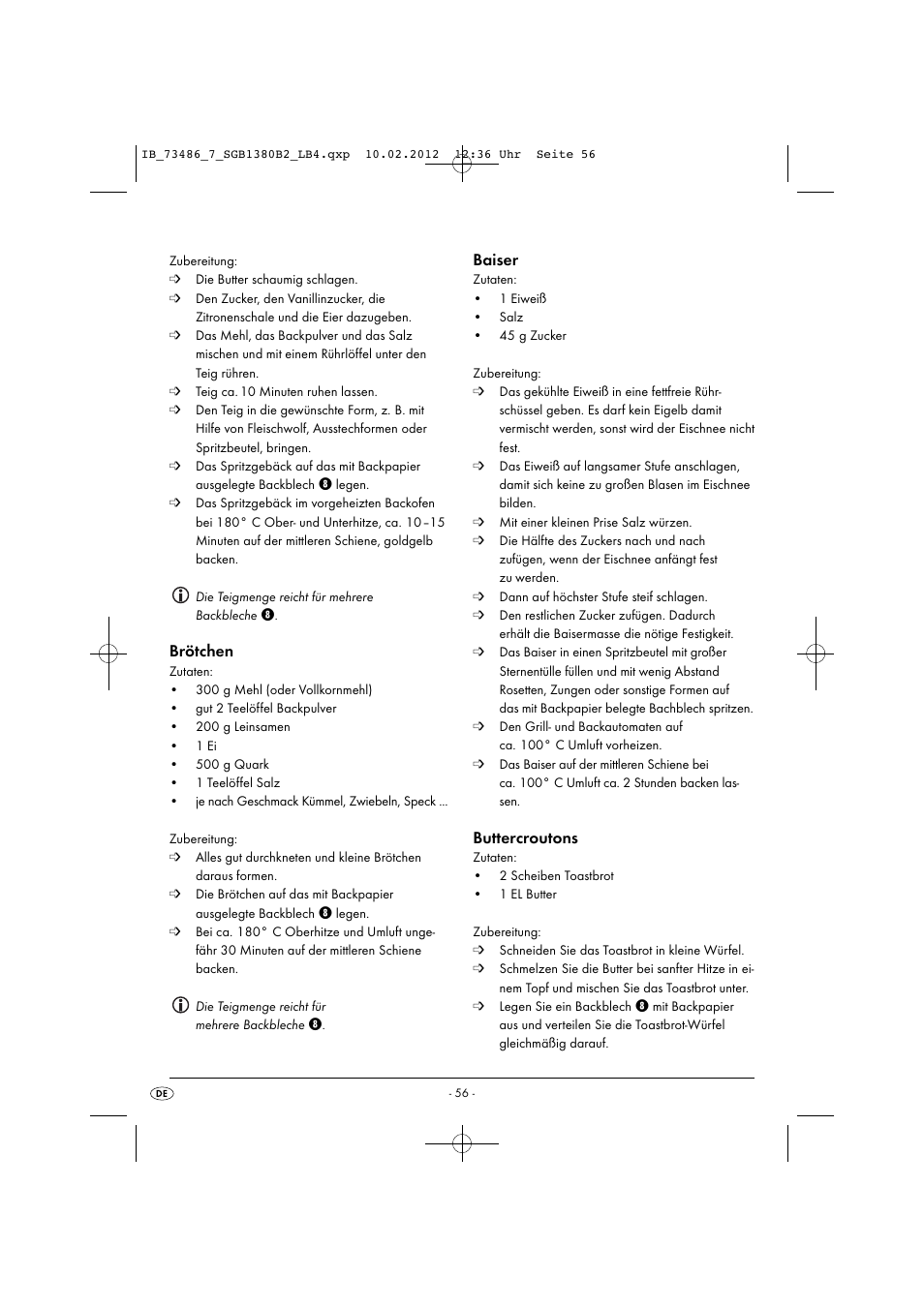 Brötchen, Baiser, Buttercroutons | Silvercrest SGB 1380 B2 User Manual | Page 58 / 63