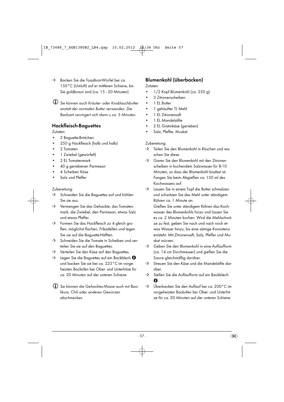 Hackfleisch-baguettes, Blumenkohl (überbacken) | Silvercrest SGB 1380 B2 User Manual | Page 59 / 63