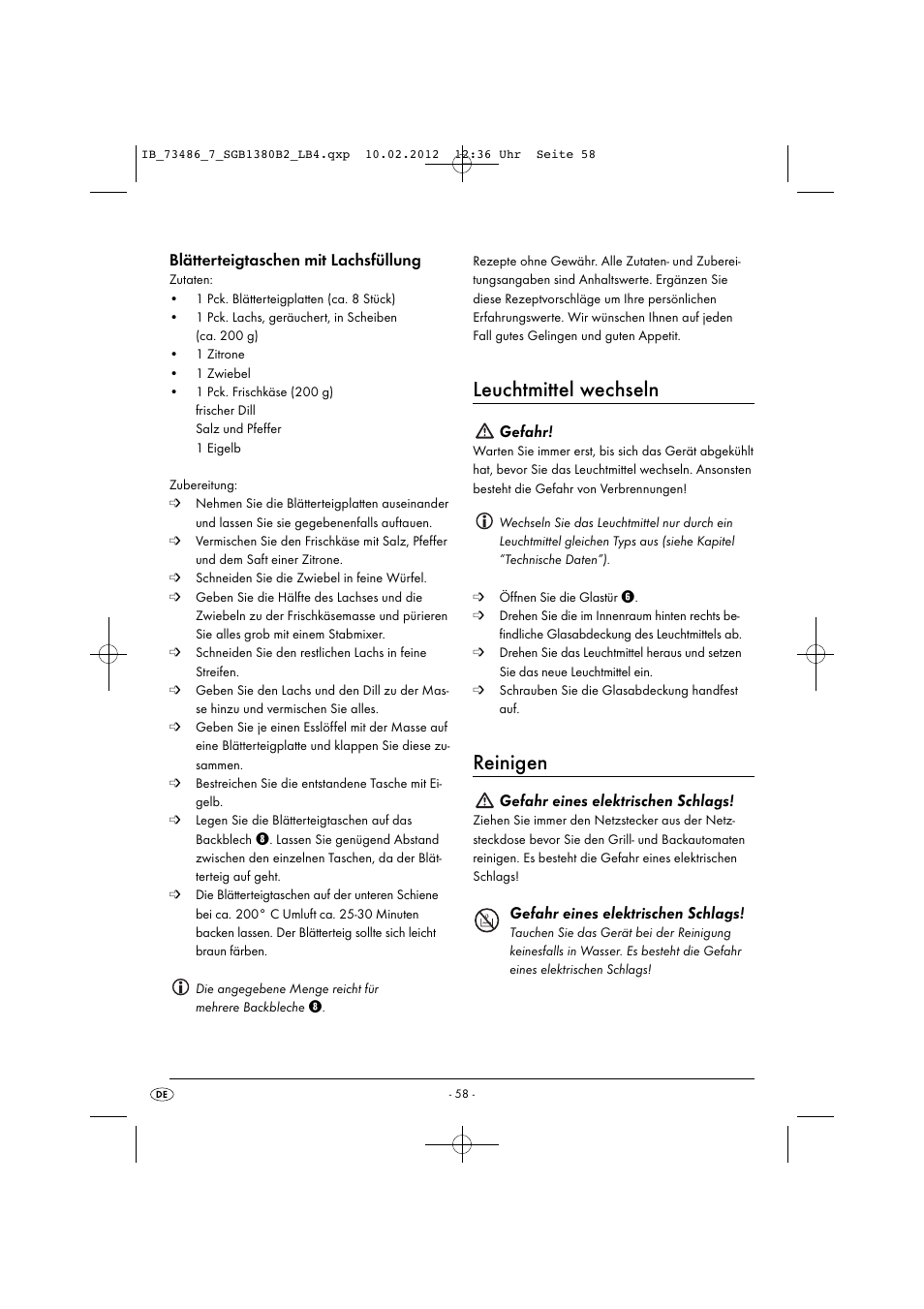 Leuchtmittel wechseln, Reinigen, Blätterteigtaschen mit lachsfüllung | Gefahr, Gefahr eines elektrischen schlags | Silvercrest SGB 1380 B2 User Manual | Page 60 / 63