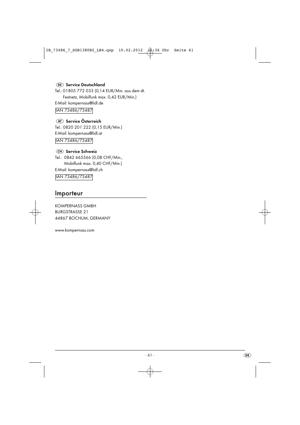 Importeur | Silvercrest SGB 1380 B2 User Manual | Page 63 / 63