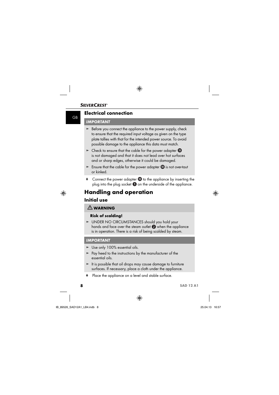 Handling and operation, Electrical connection, Initial use | Silvercrest SAD 12 A1 User Manual | Page 11 / 74