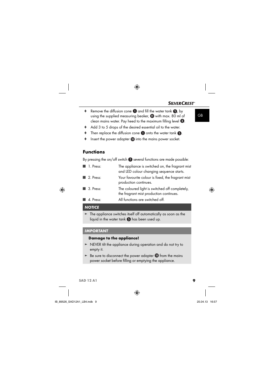 Functions | Silvercrest SAD 12 A1 User Manual | Page 12 / 74