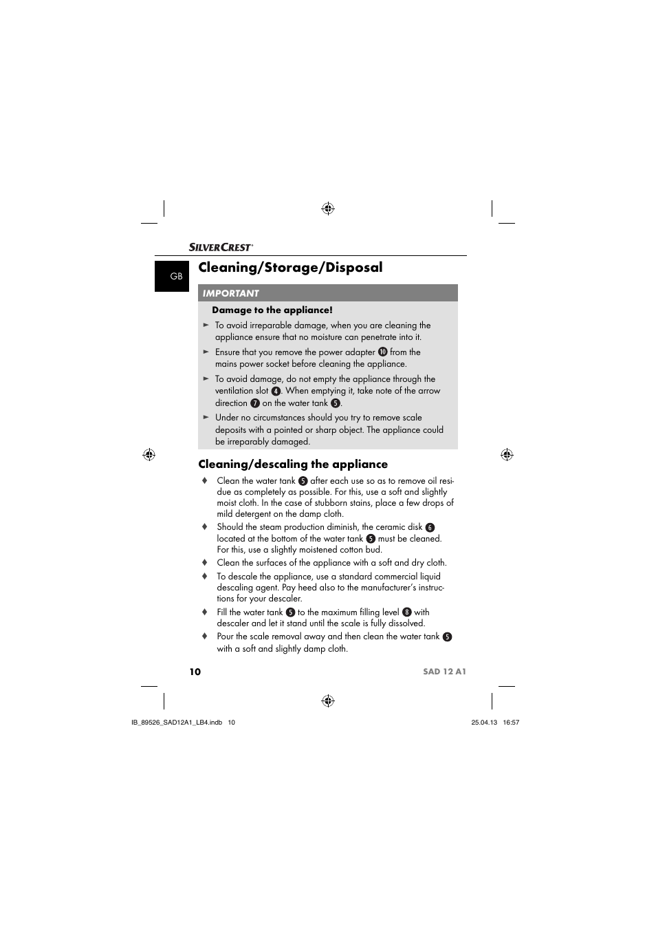 Cleaning/storage/disposal, Cleaning/descaling the appliance | Silvercrest SAD 12 A1 User Manual | Page 13 / 74