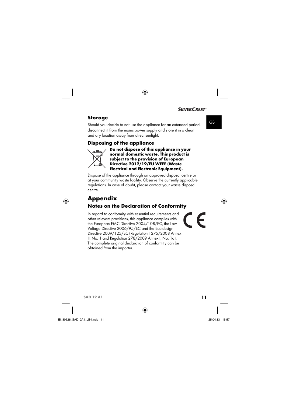 Appendix, Storage, Disposing of the appliance | Silvercrest SAD 12 A1 User Manual | Page 14 / 74