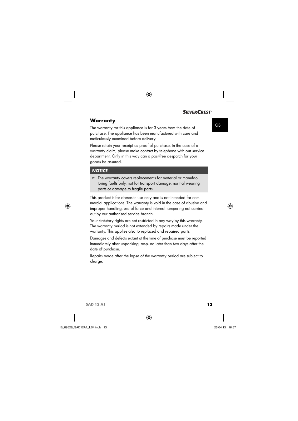 Warranty | Silvercrest SAD 12 A1 User Manual | Page 16 / 74