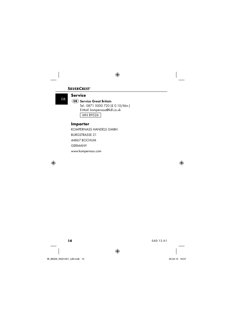 Service, Importer | Silvercrest SAD 12 A1 User Manual | Page 17 / 74