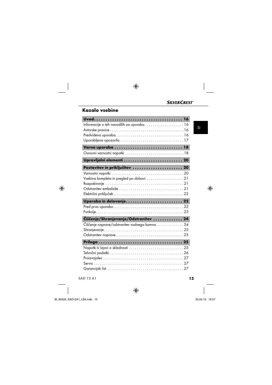 Kazalo vsebine | Silvercrest SAD 12 A1 User Manual | Page 18 / 74