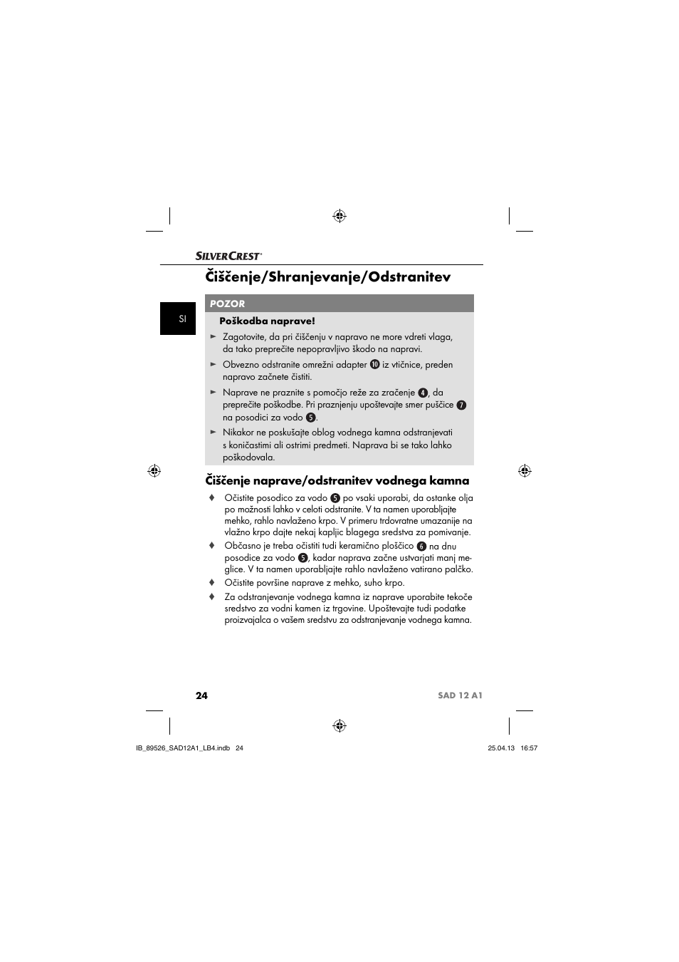 Čiščenje/shranjevanje/odstranitev, Čiščenje naprave/odstranitev vodnega kamna | Silvercrest SAD 12 A1 User Manual | Page 27 / 74