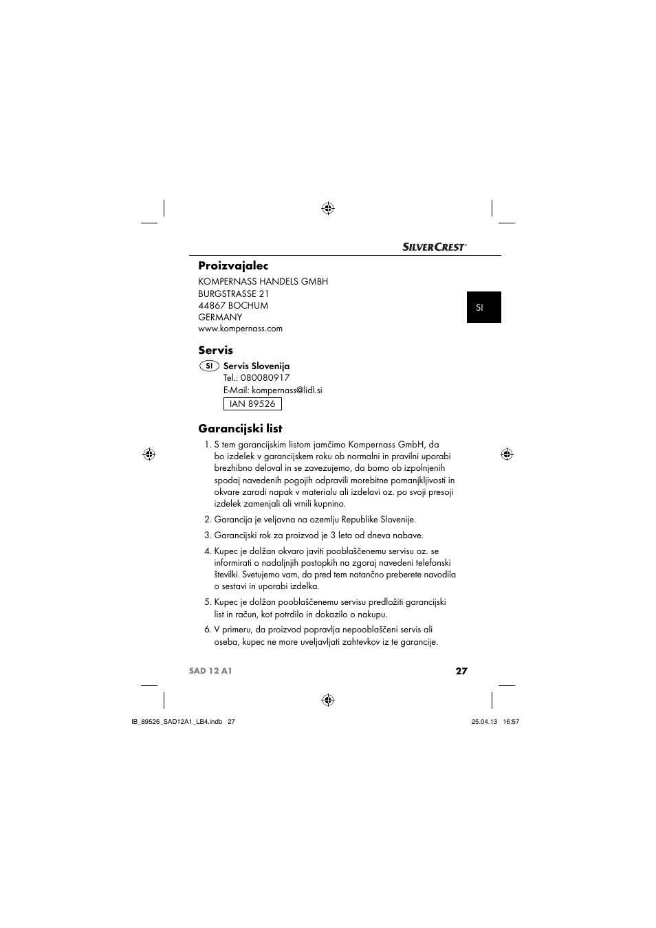 Proizvajalec, Servis, Garancijski list | Silvercrest SAD 12 A1 User Manual | Page 30 / 74