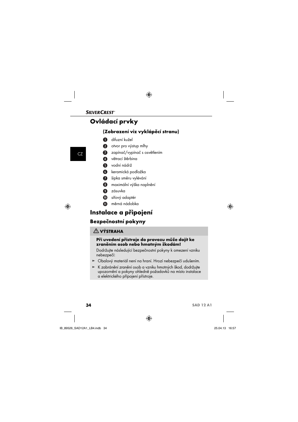 Ovládací prvky, Instalace a připojení, Bezpečnostní pokyny | Silvercrest SAD 12 A1 User Manual | Page 37 / 74