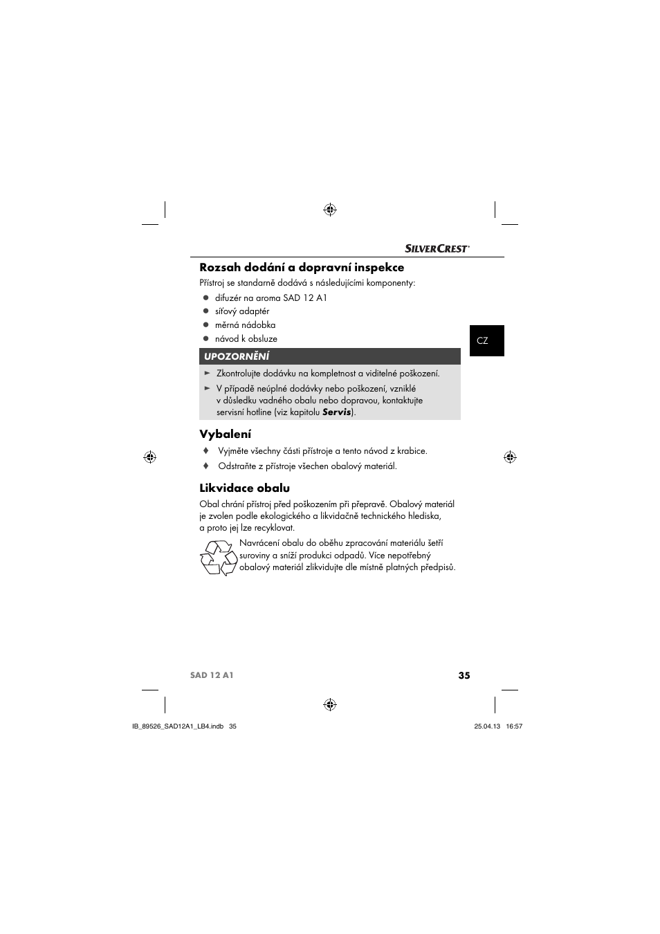 Rozsah dodání a dopravní inspekce, Vybalení, Likvidace obalu | Silvercrest SAD 12 A1 User Manual | Page 38 / 74