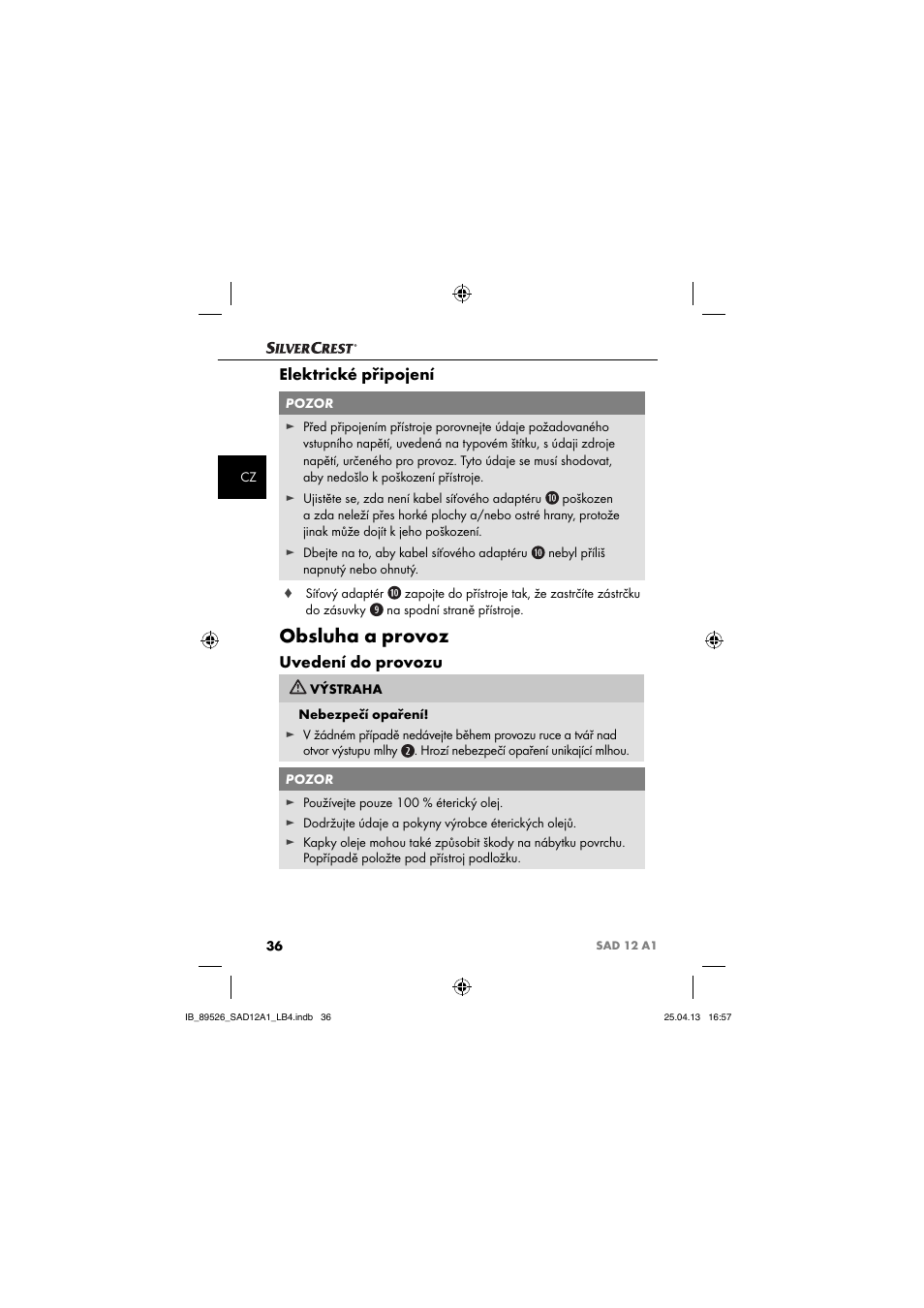 Obsluha a provoz, Elektrické připojení, Uvedení do provozu | Silvercrest SAD 12 A1 User Manual | Page 39 / 74